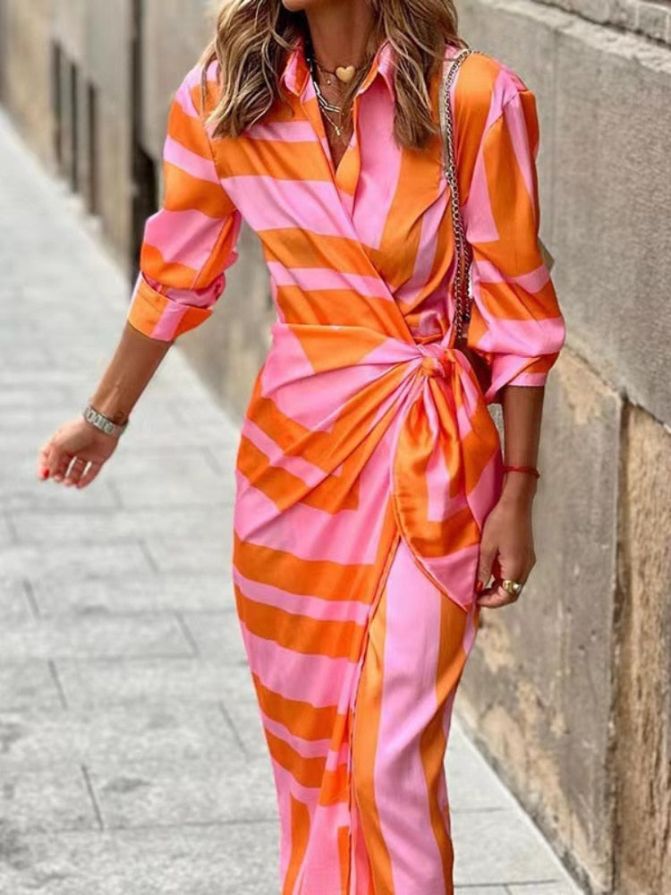 Vestido Midi Cruzado para Mujer con Estampado Geométrico y Mangas Tres Cuartos