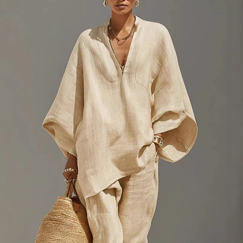 Conjunto de dos piezas para mujer - top con mangas murciélago — diseño casual