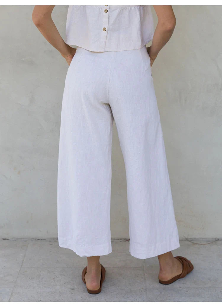 Culottes de Lino para Mujer con Talle Alto y Pliegues Frontales
