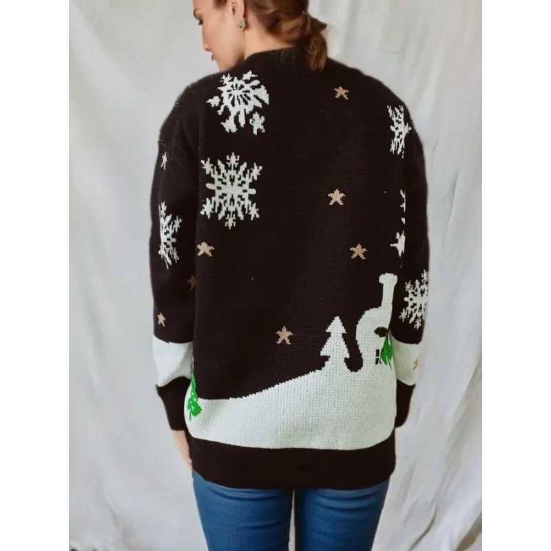 Maglione natalizio in maglia da donna con pupazzo di neve e scollo rotondo