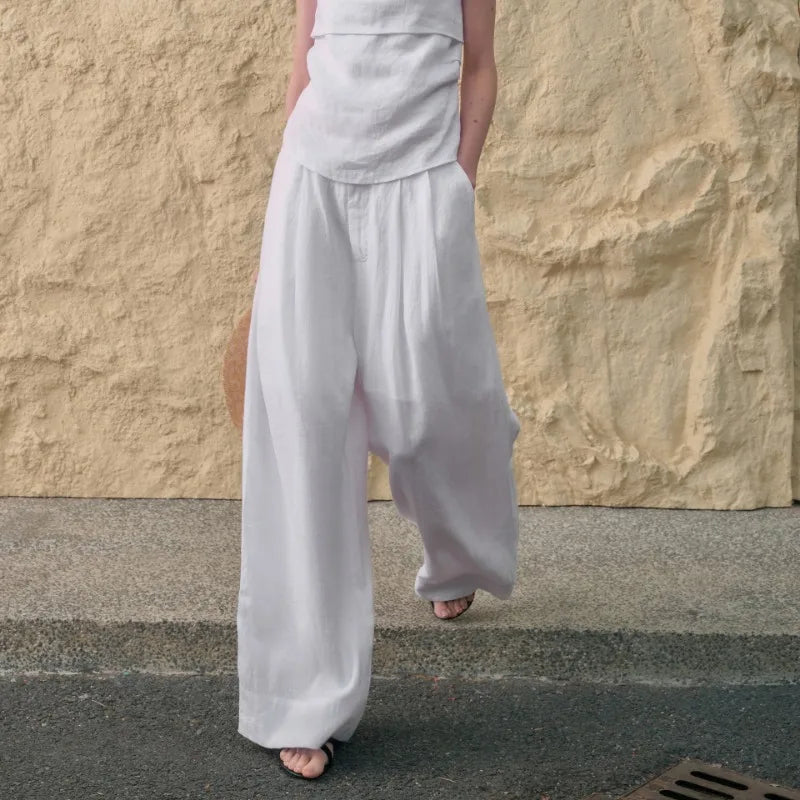 Pantalones de Lino de Pierna Ancha con Cintura Alta y Elástica para Mujer