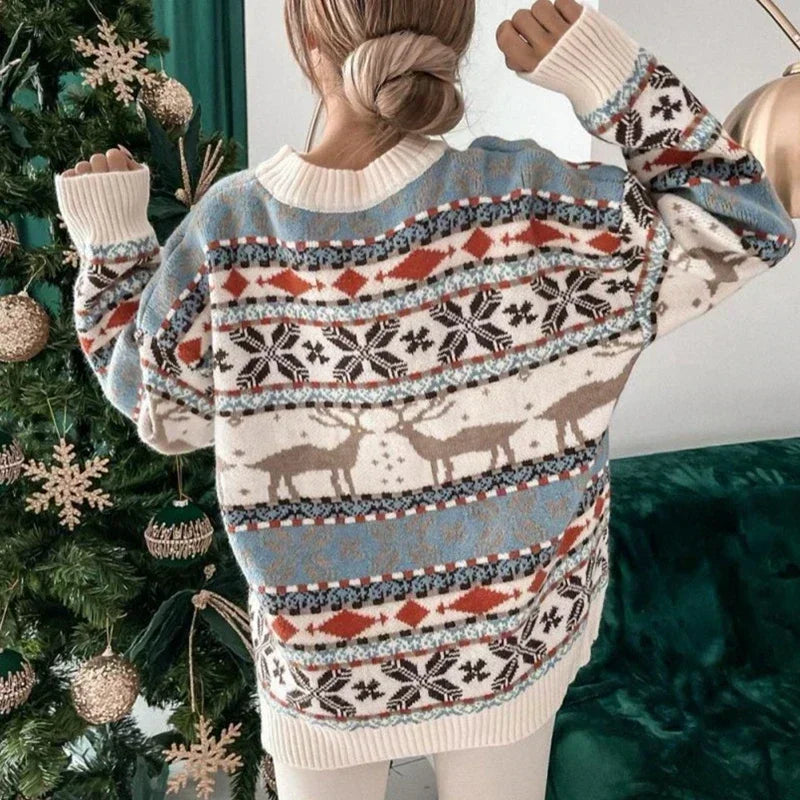 Maglione natalizio oversize da donna in poliestere con stampa integrale e girocollo