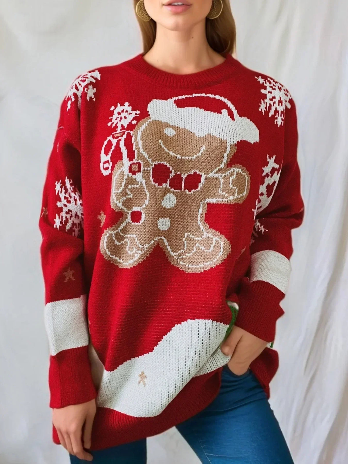 Maglione natalizio in maglia da donna con pupazzo di neve e scollo rotondo