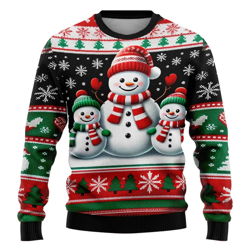 Jersey Unisex de Cuello Redondo con Gráficos 3D de Muñeco de Nieve y Manga Larga