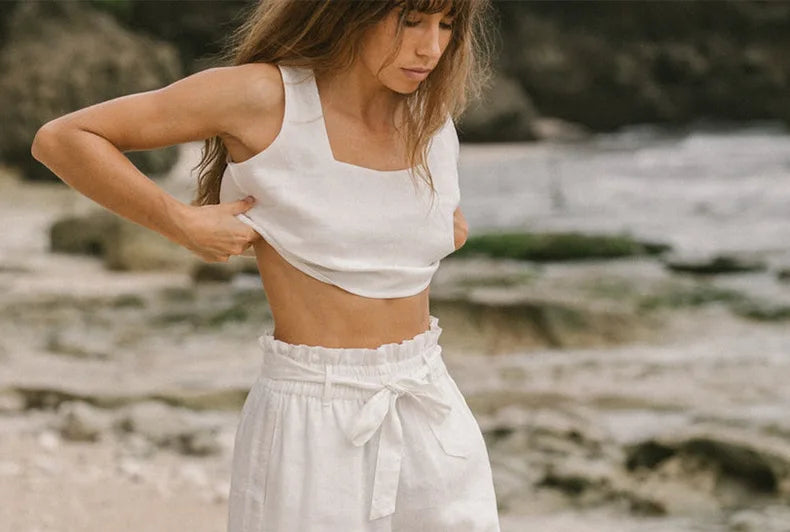 Pantalones de Lino para Mujer de Pierna Ancha con Cintura Elástica y Lazo