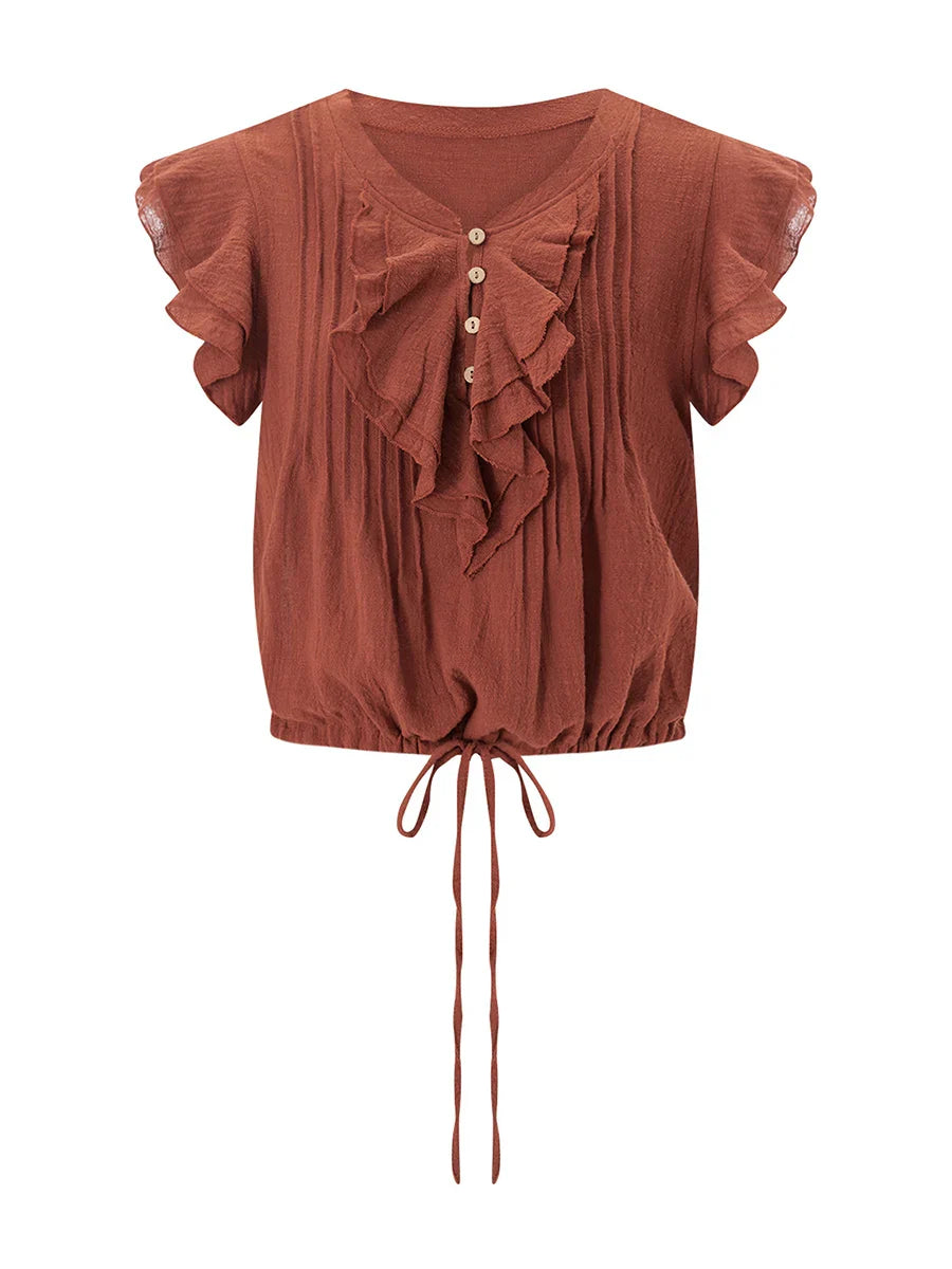Top corto da donna in garza di cotone con volant — casual