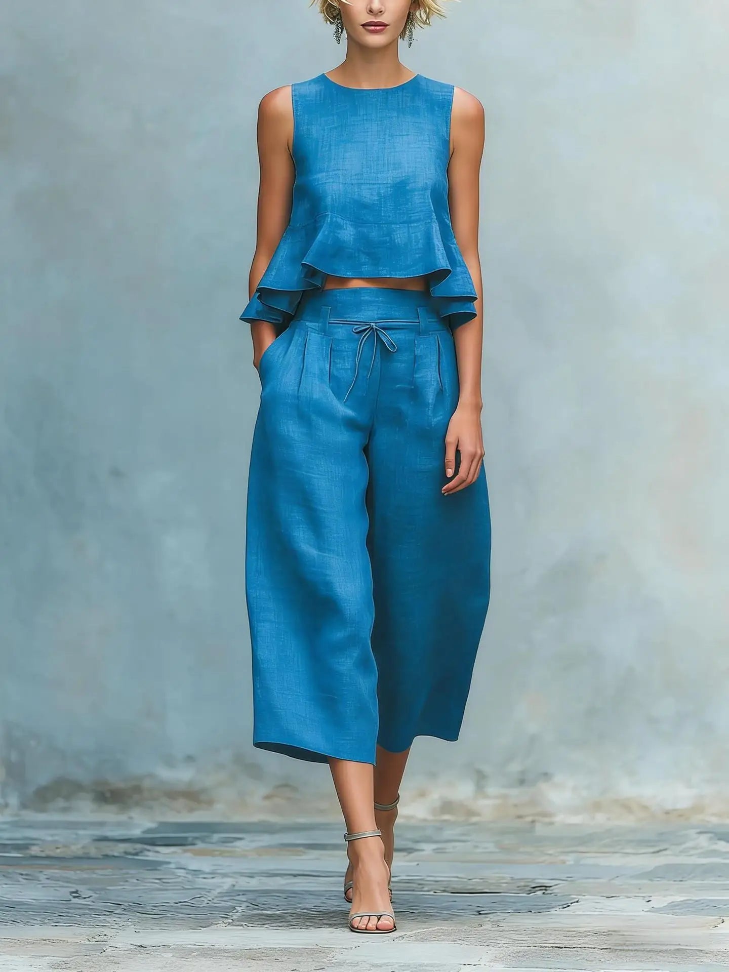 Conjunto de dos piezas para mujer con crop top de lino y pantalón ancho
