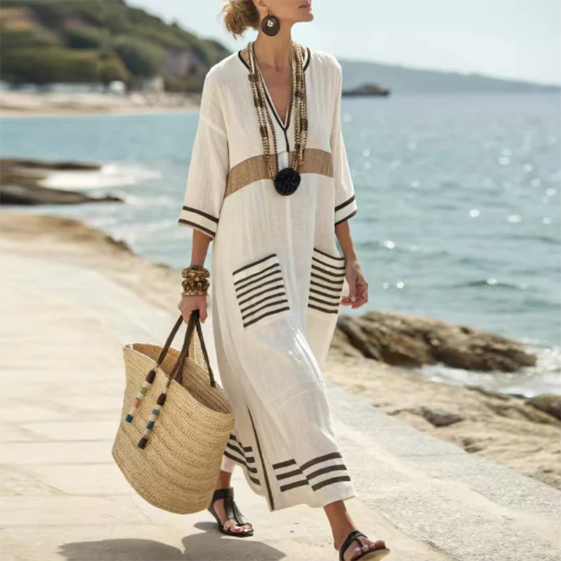 Vestido kimono largo para mujer con cuello en V y bolsillos — playa