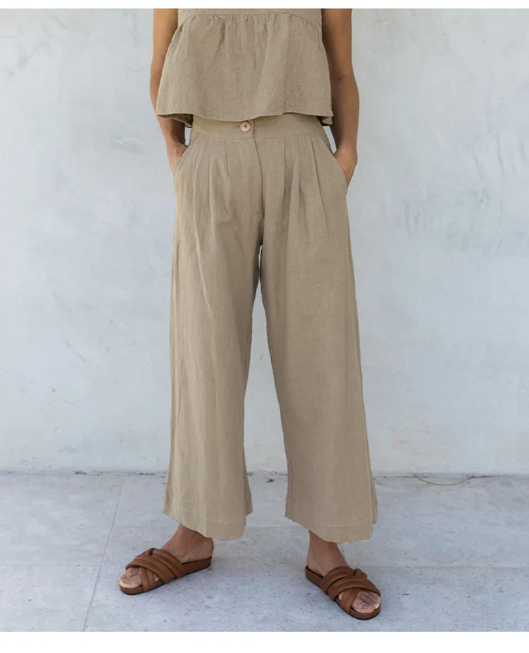 Culottes de Lino para Mujer con Talle Alto y Pliegues Frontales