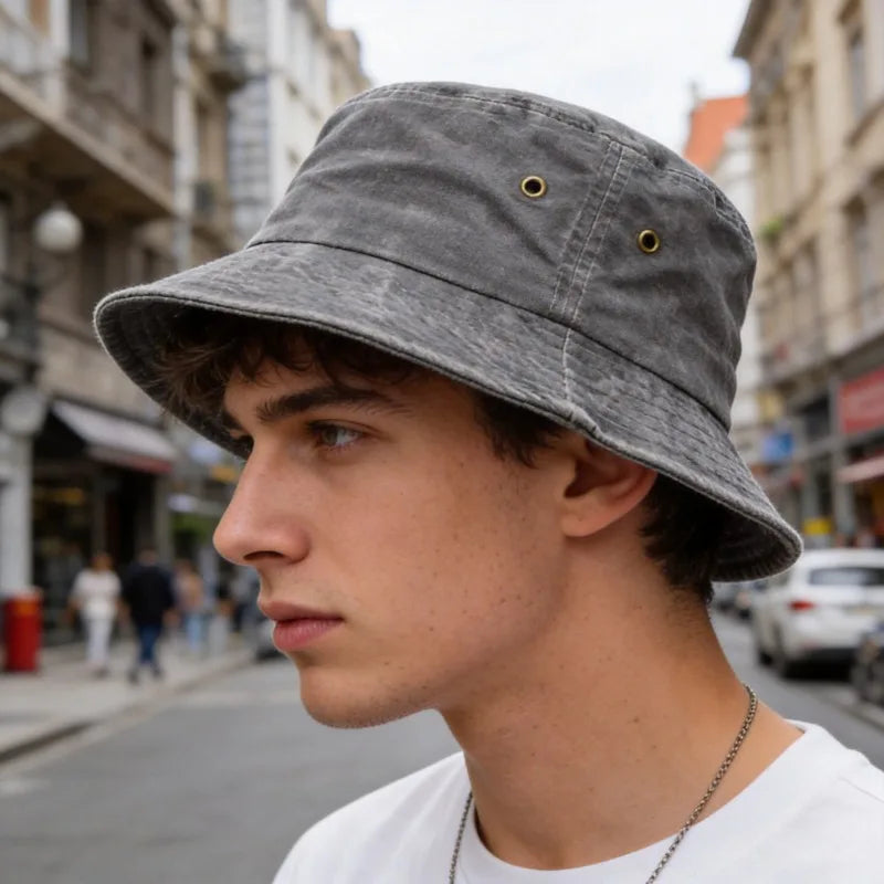 Unisex bavlněný vypraný rybářský klobouk na slunce, neformální bucket hat
