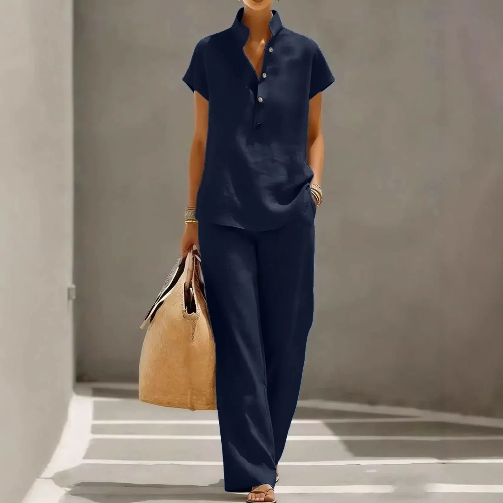 Conjunto de dos piezas para mujer - mezcla de lino - pantalón ancho casual