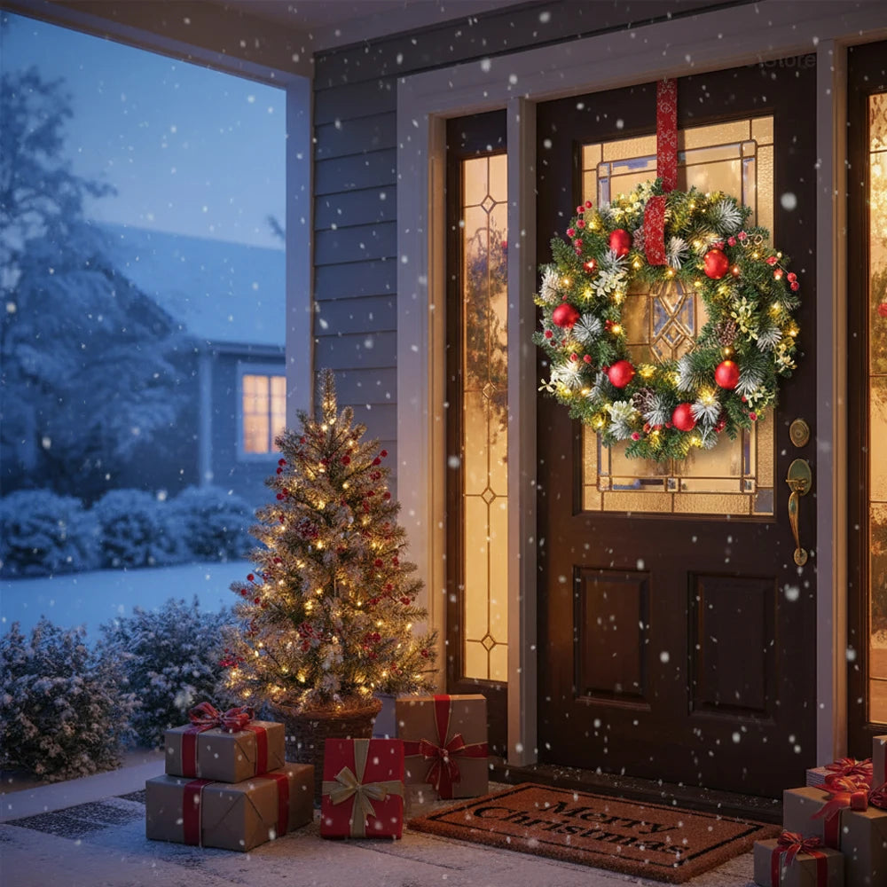 Couronne de Noël artificielle de 40 cm avec pommes de pin, baies rouges et lumières LED