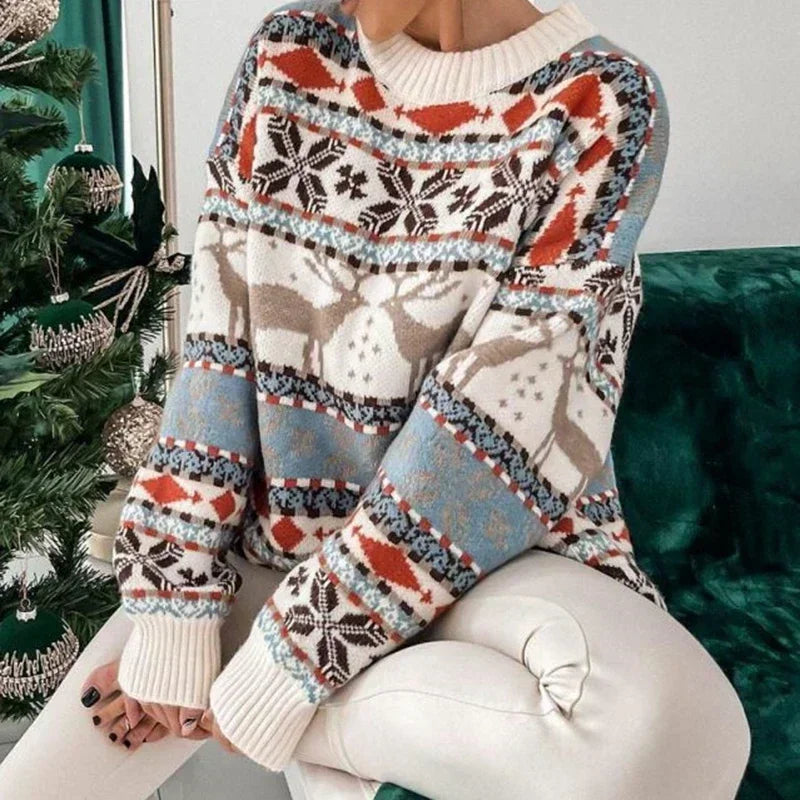 Maglione natalizio oversize da donna in poliestere con stampa integrale e girocollo