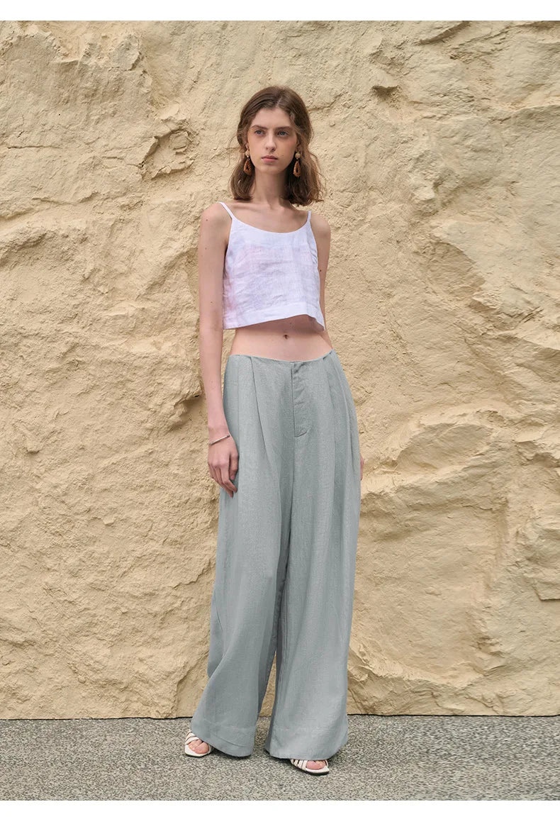 Pantalones de Lino de Pierna Ancha con Cintura Alta y Elástica para Mujer