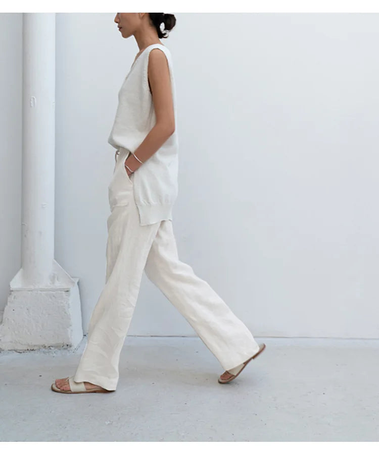 Pantalones de Lino para Mujer con Cordón Ajustable y Bolsillos de Parche