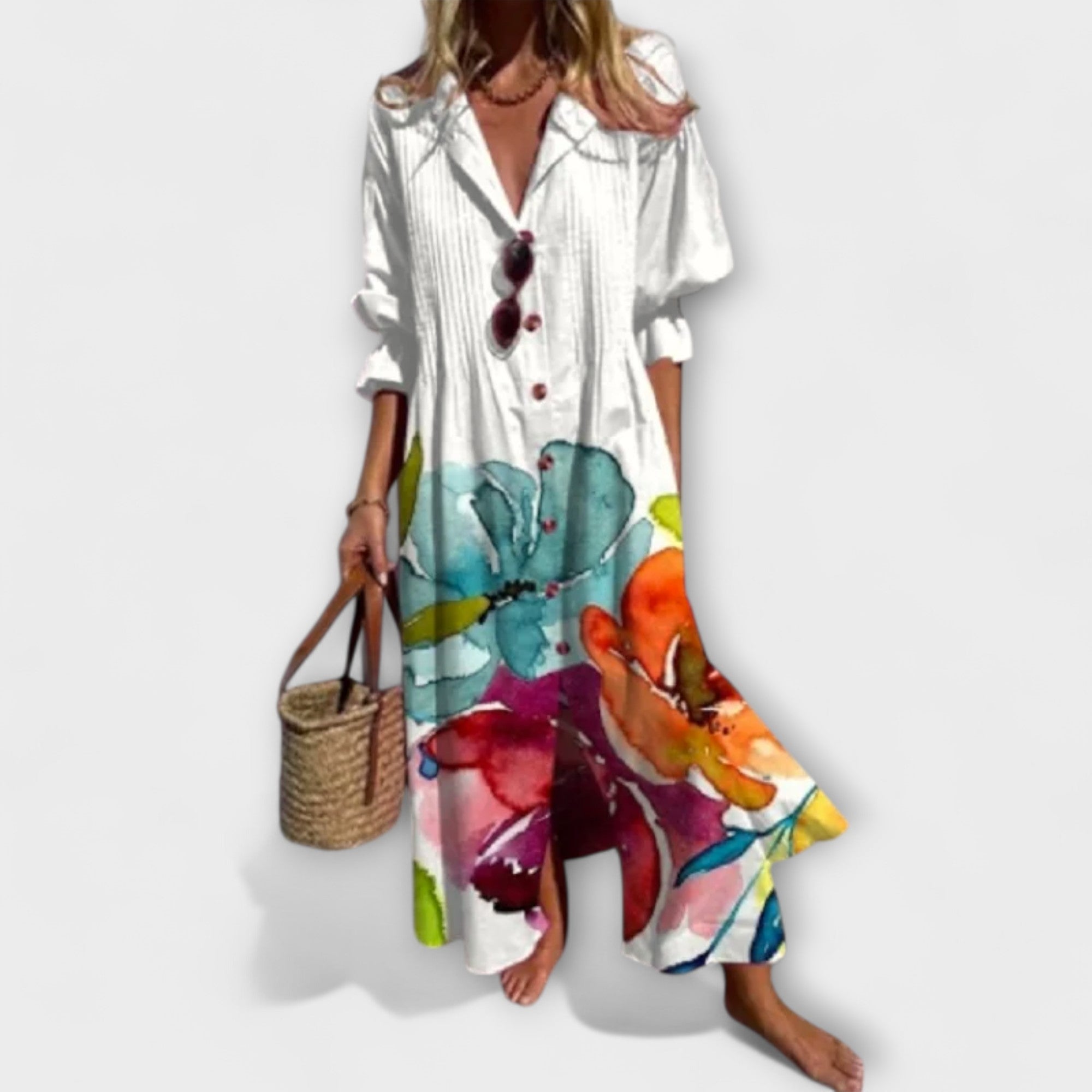 Vestido Camisero Largo para Mujer con Estampado de Hojas y Manga Abullonada