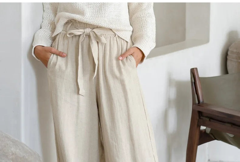 Pantalones de Lino para Mujer de Pierna Ancha con Cintura Elástica y Lazo