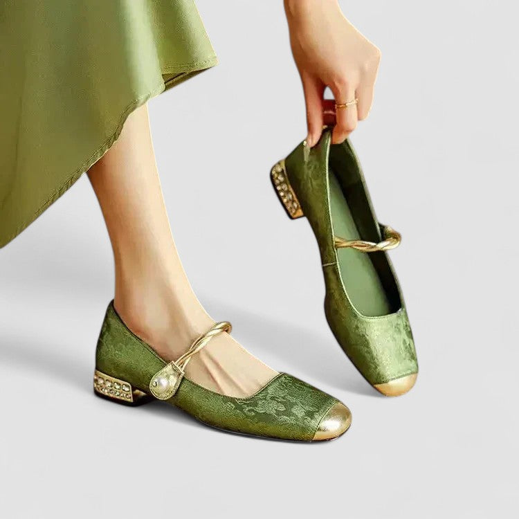 Zapatos de Tacón Cuadrado para Mujer con Puntera Cuadrada y Pedrería Brillante
