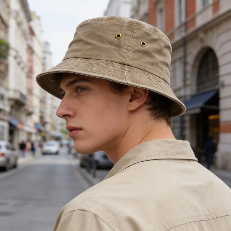 Unisex bavlněný vypraný rybářský klobouk na slunce, neformální bucket hat