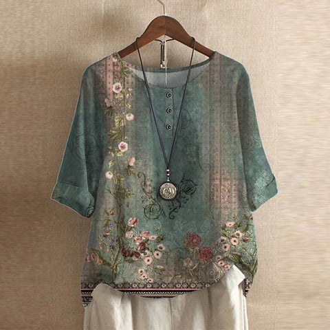 Blusa Estampada de Estilo Retro con Cuello Redondo y Botones para Mujer