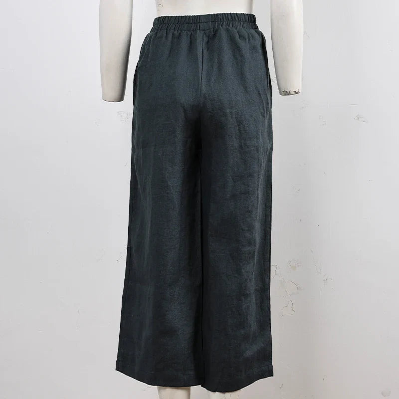 Pantalon en lin pour femme à jambe large avec taille élastique et coupe à la cheville