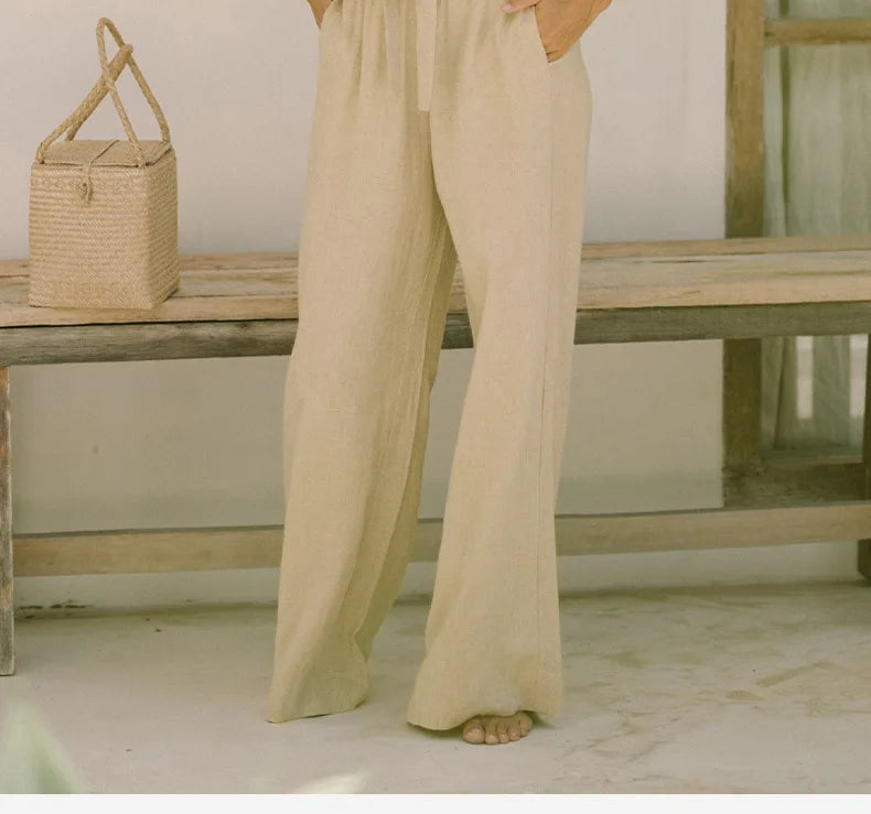 Pantalones de Lino para Mujer de Pierna Ancha con Cintura Elástica y Lazo