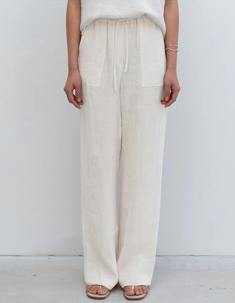 Pantalones de Lino para Mujer con Cordón Ajustable y Bolsillos de Parche