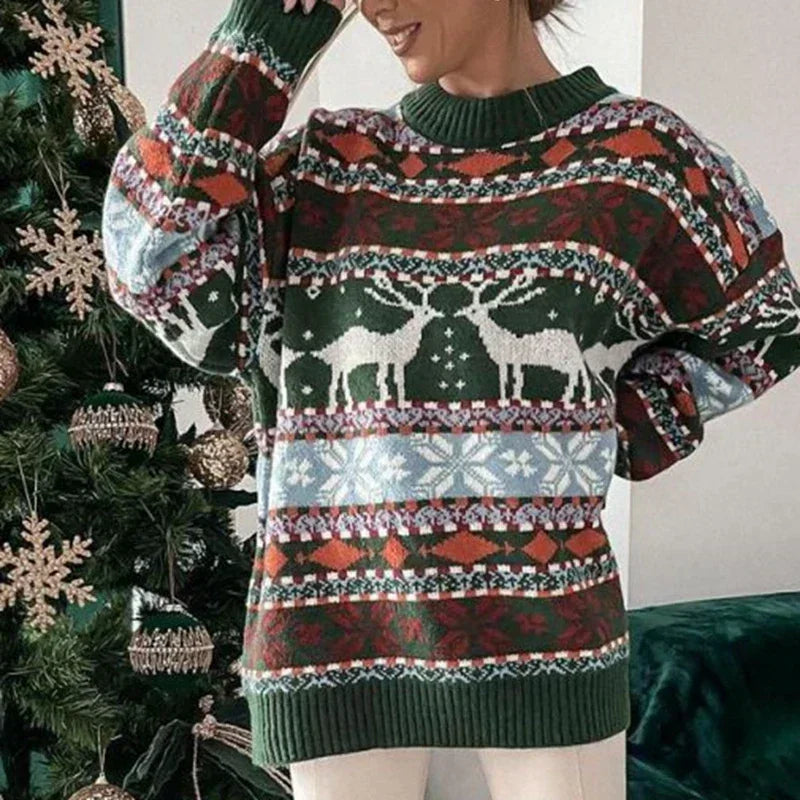 Maglione natalizio oversize da donna in poliestere con stampa integrale e girocollo