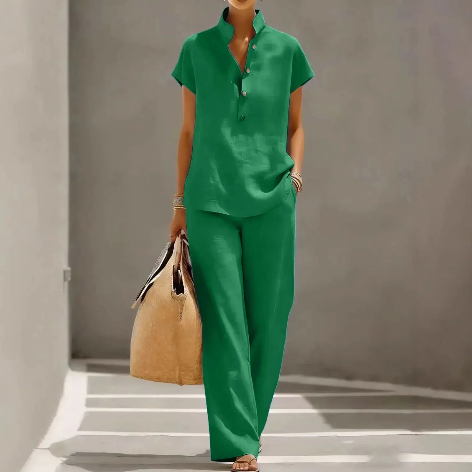 Conjunto de dos piezas para mujer - mezcla de lino - pantalón ancho casual