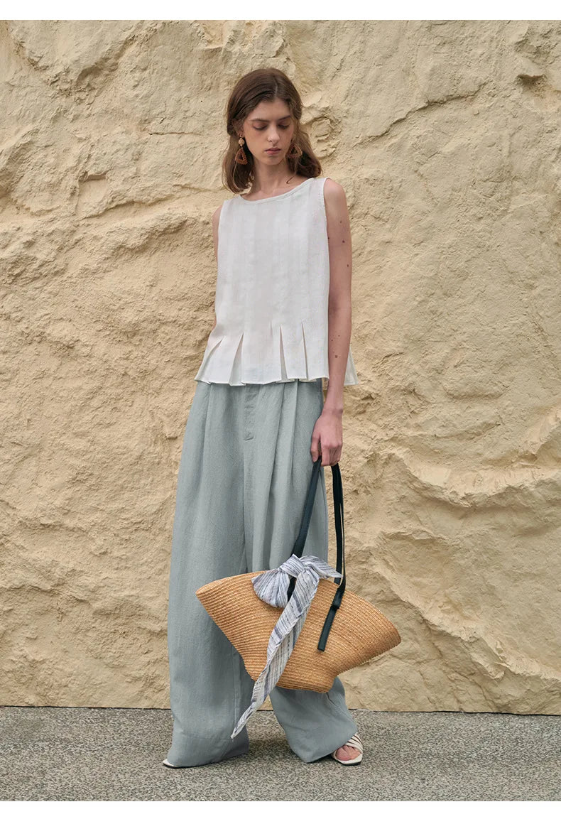 Pantalones de Lino de Pierna Ancha con Cintura Alta y Elástica para Mujer