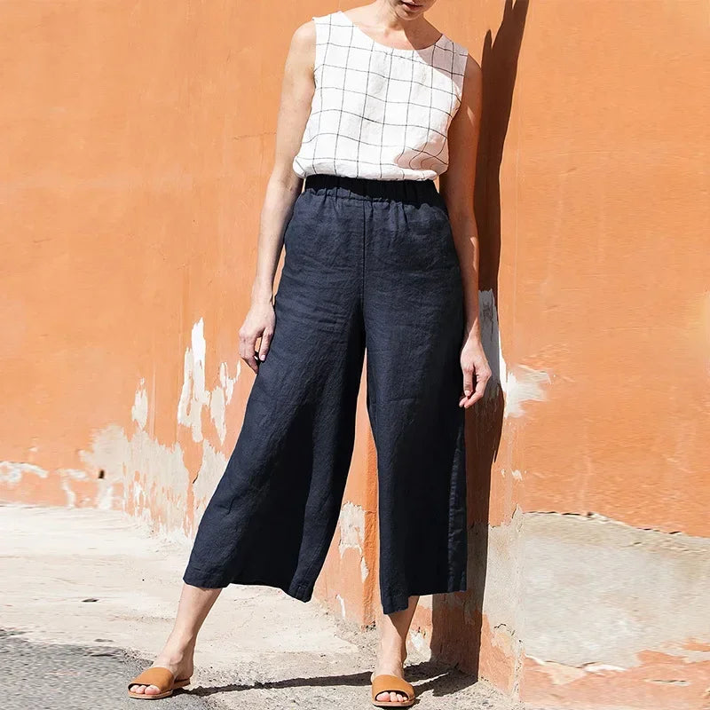 Pantalon en lin pour femme à jambe large avec taille élastique et coupe à la cheville
