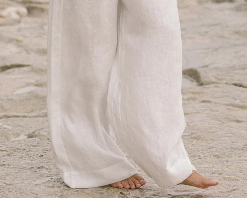 Pantalones de Lino para Mujer de Pierna Ancha con Cintura Elástica y Lazo