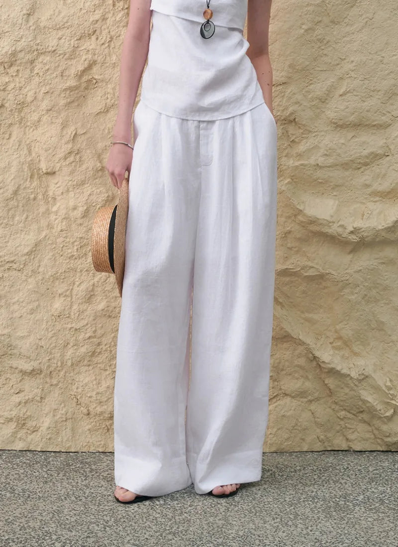 Pantalones de Lino de Pierna Ancha con Cintura Alta y Elástica para Mujer