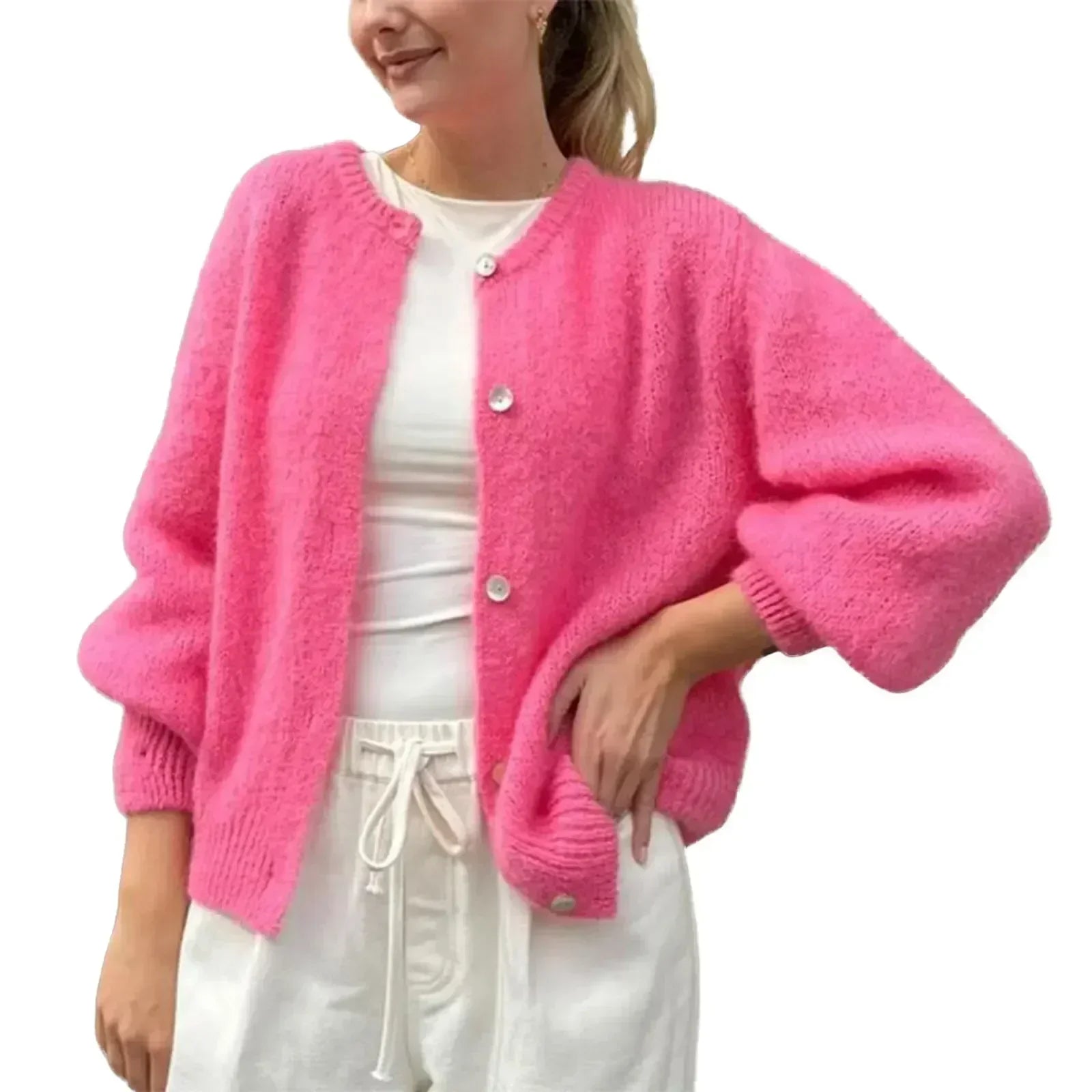 Chaqueta de punto para mujer con botones de nácar y cuello de pico elegante
