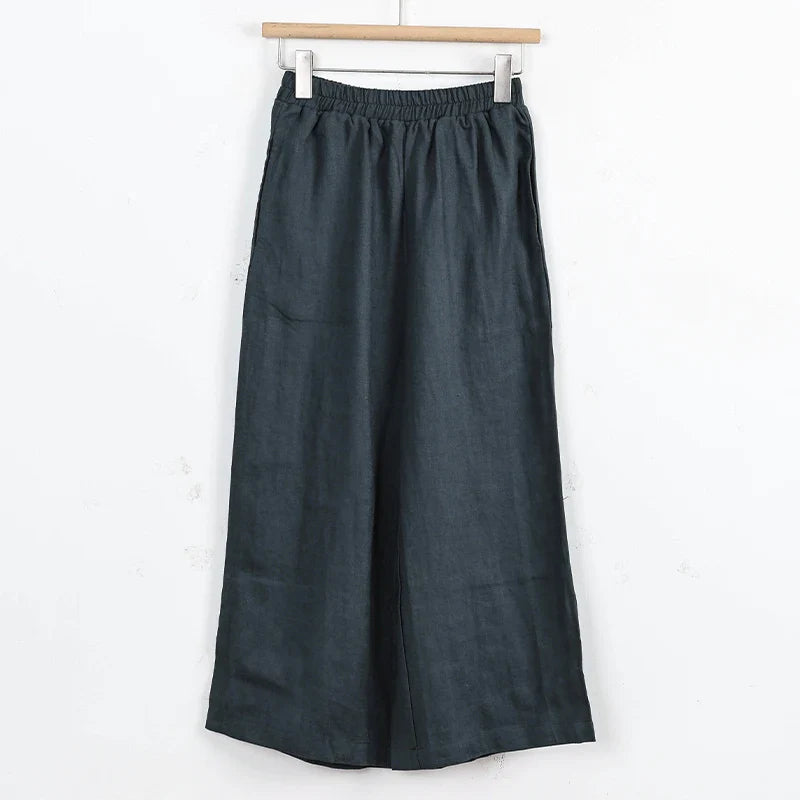 Pantalon en lin pour femme à jambe large avec taille élastique et coupe à la cheville
