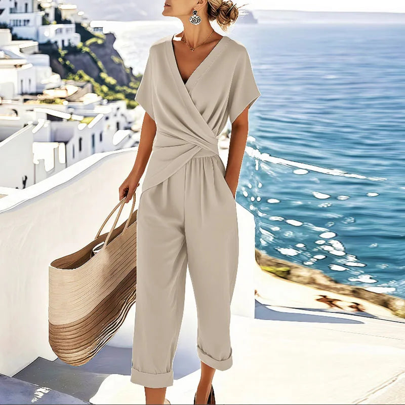 Conjunto de Dos Piezas para Mujer con Blusa de Escote en V y Pantalón Cropped