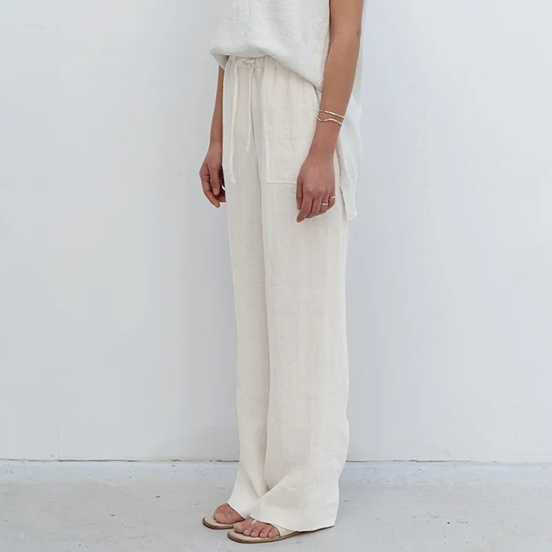 Pantalones de Lino para Mujer con Cordón Ajustable y Bolsillos de Parche