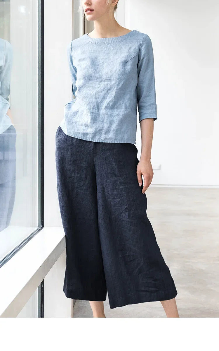 Pantalon en lin pour femme à jambe large avec taille élastique et coupe à la cheville
