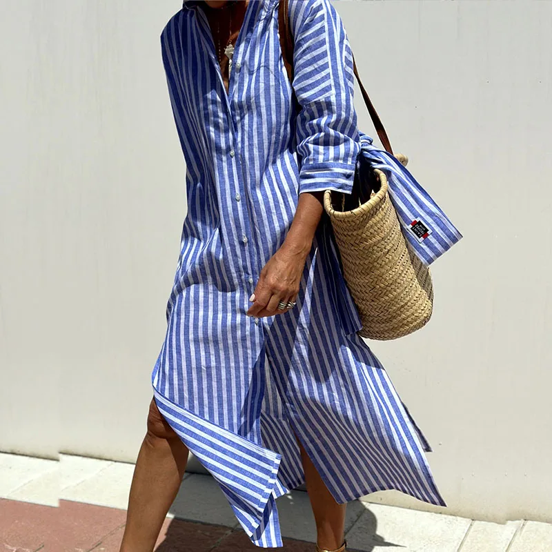 Vestido Camisero Midi para Mujer con Estampado de Rayas Verticales y Mangas 3/4