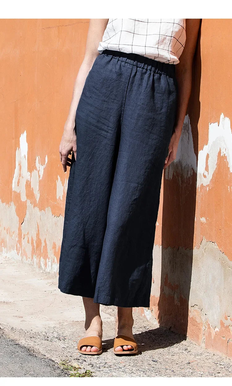 Pantalon en lin pour femme à jambe large avec taille élastique et coupe à la cheville