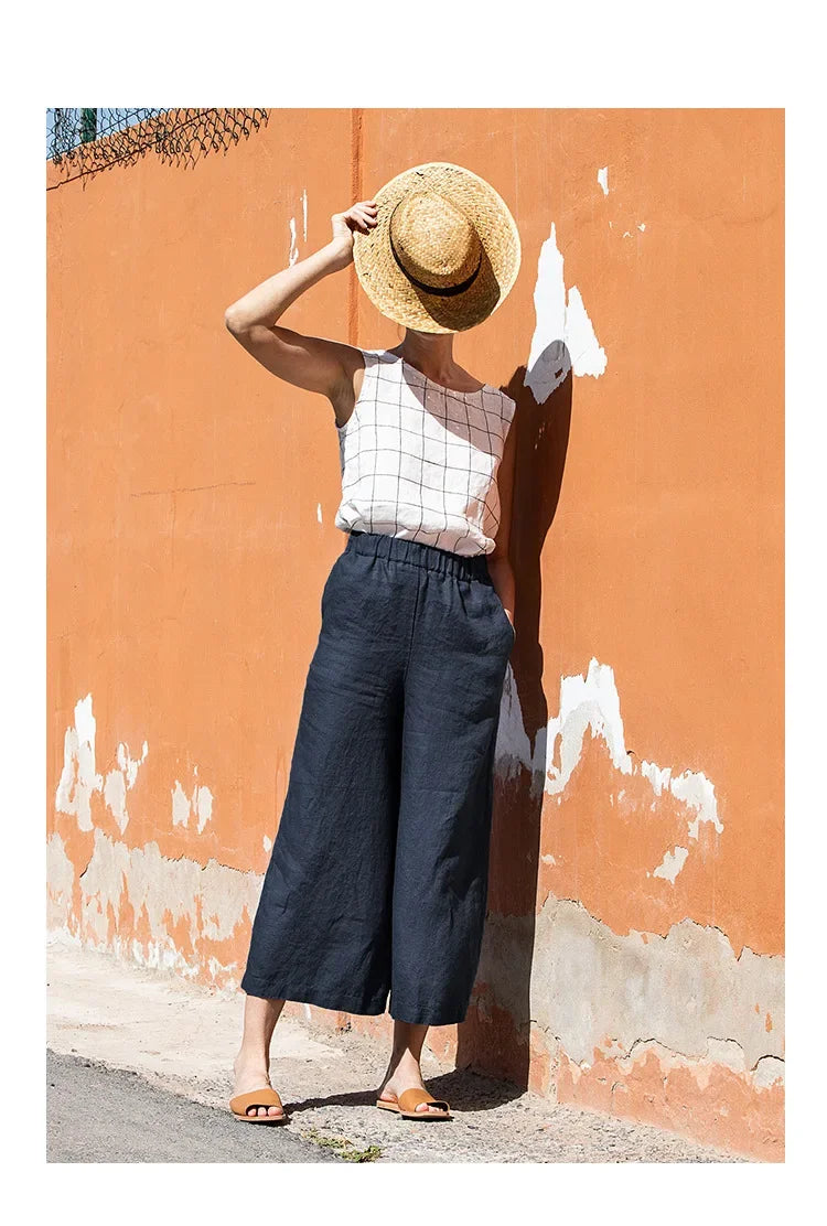 Pantalon en lin pour femme à jambe large avec taille élastique et coupe à la cheville