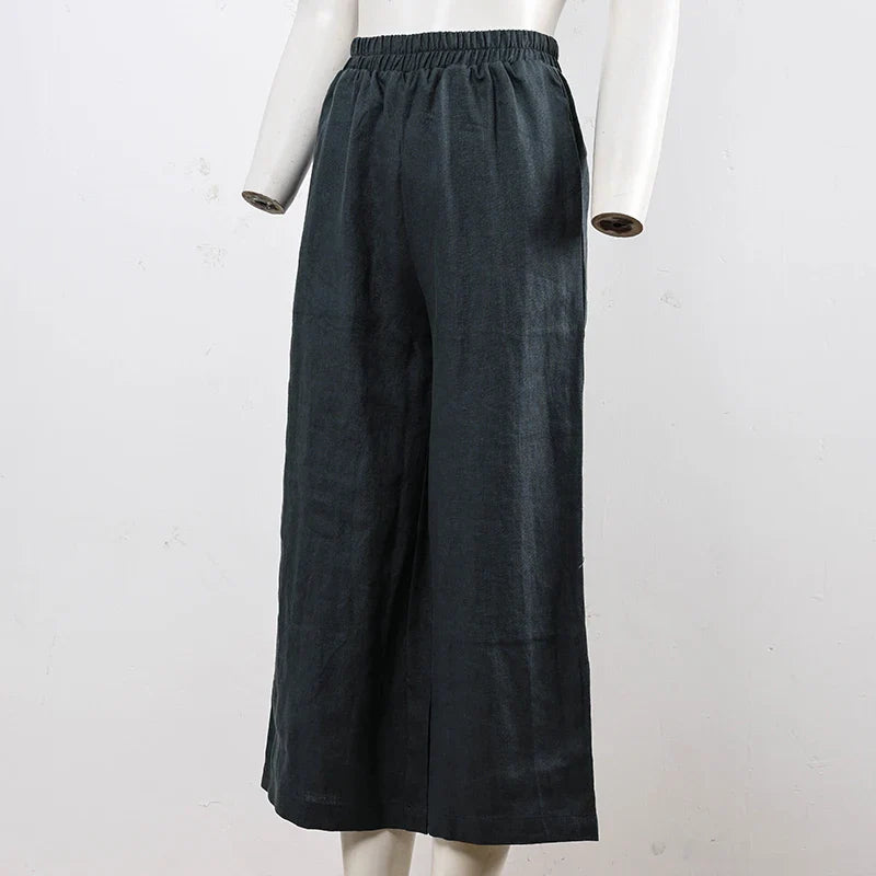 Pantalon en lin pour femme à jambe large avec taille élastique et coupe à la cheville