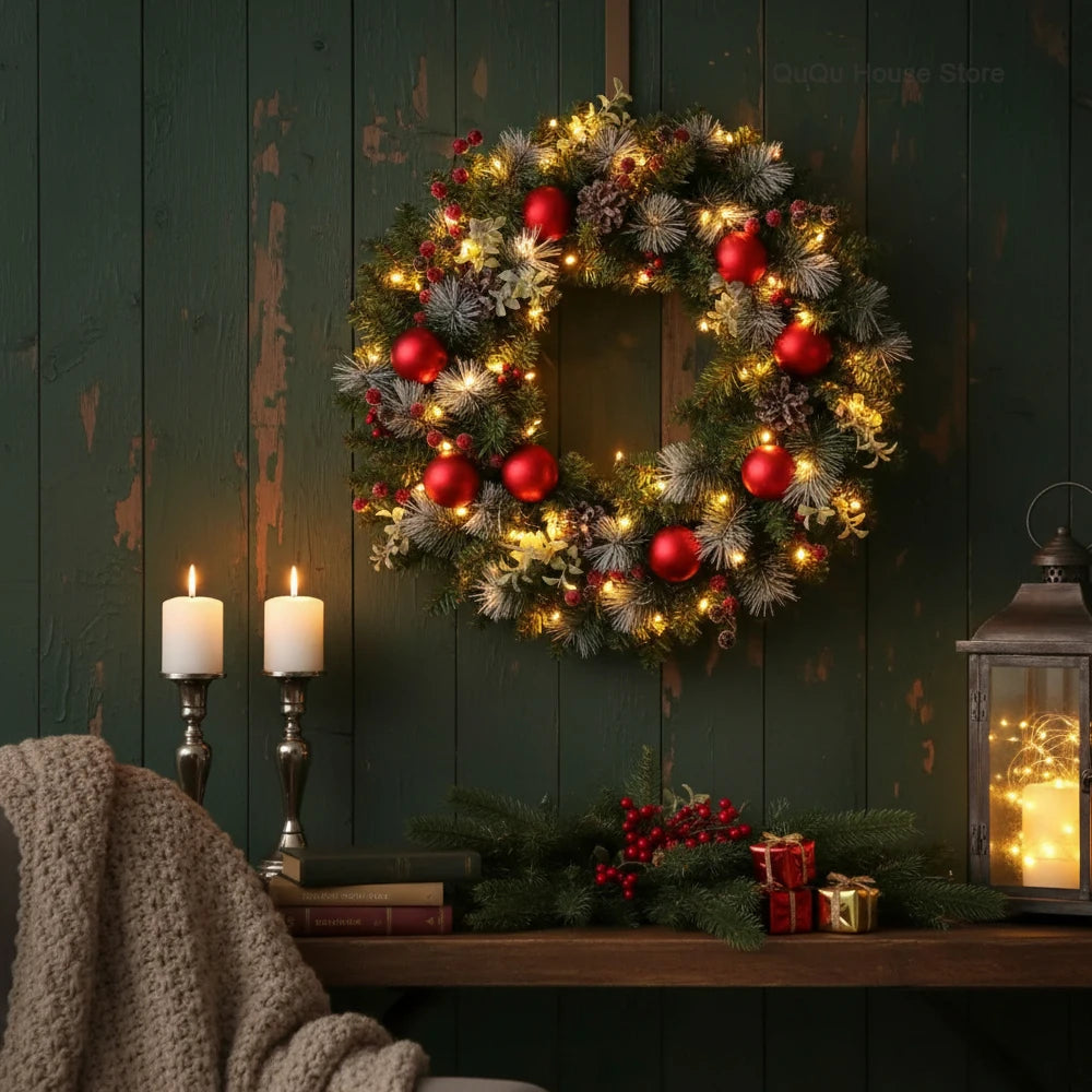 Couronne de Noël artificielle de 40 cm avec pommes de pin, baies rouges et lumières LED