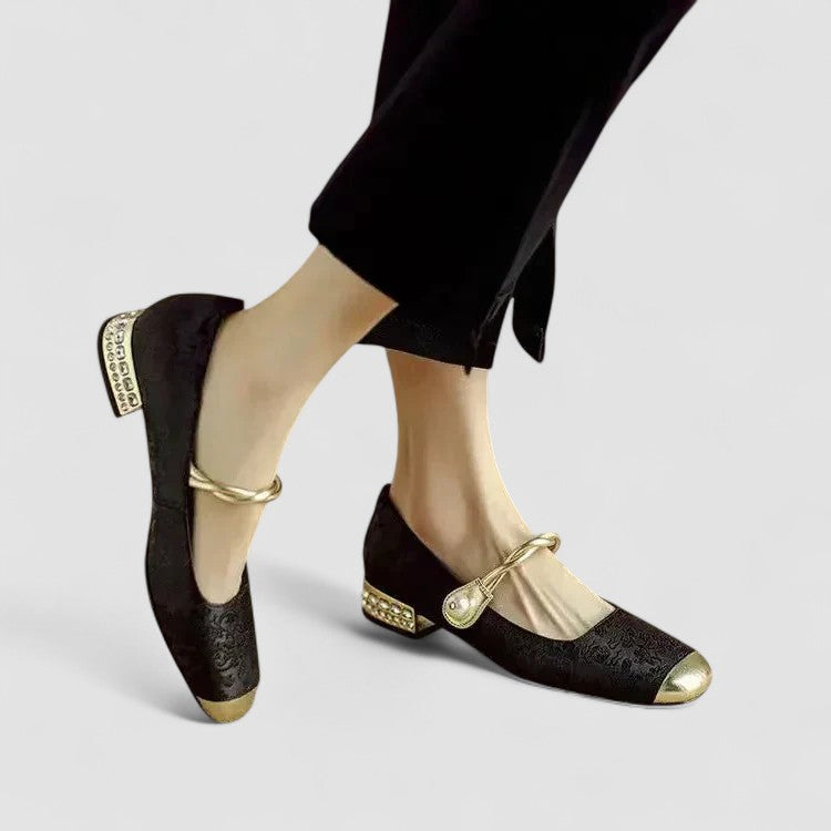 Zapatos de Tacón Cuadrado para Mujer con Puntera Cuadrada y Pedrería Brillante