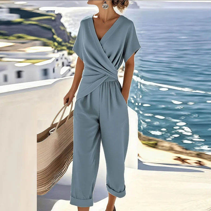 Conjunto de Dos Piezas para Mujer con Blusa de Escote en V y Pantalón Cropped