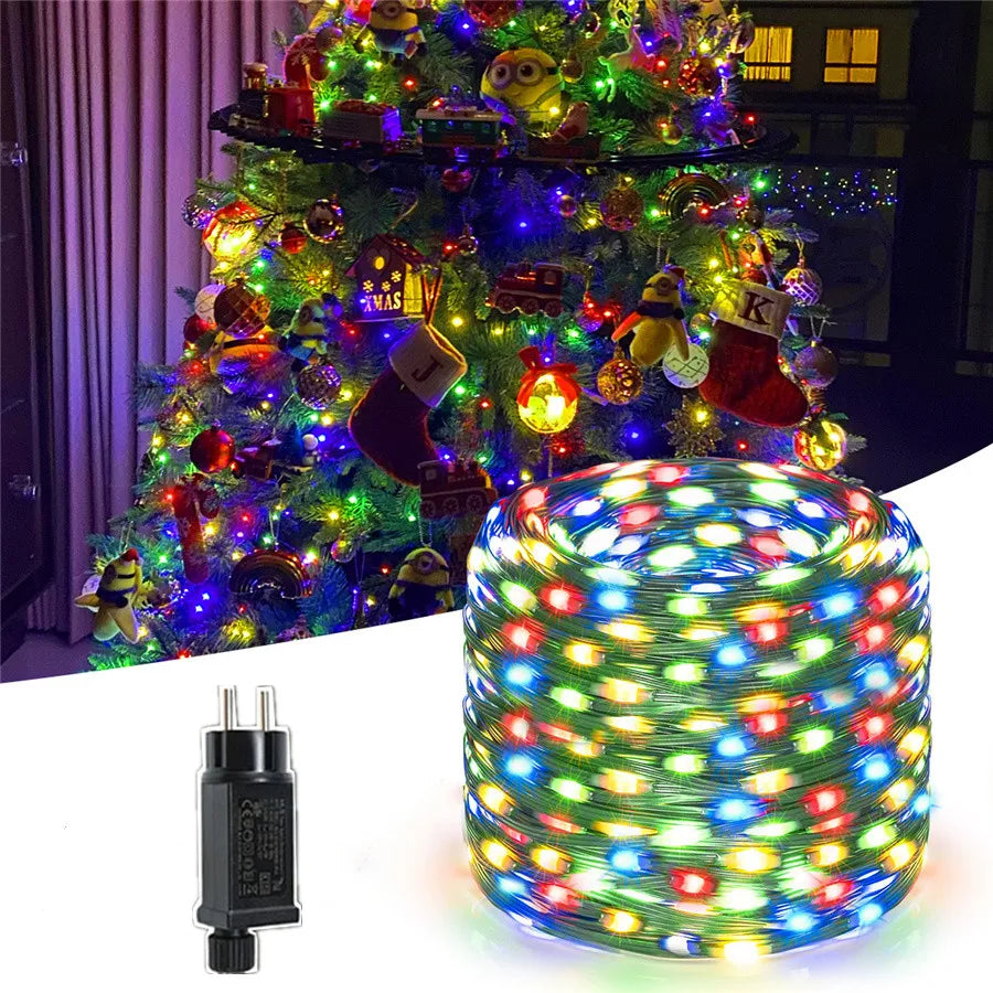 Waterproof Outdoor LED String Lights with 8 Modes and Green Cable