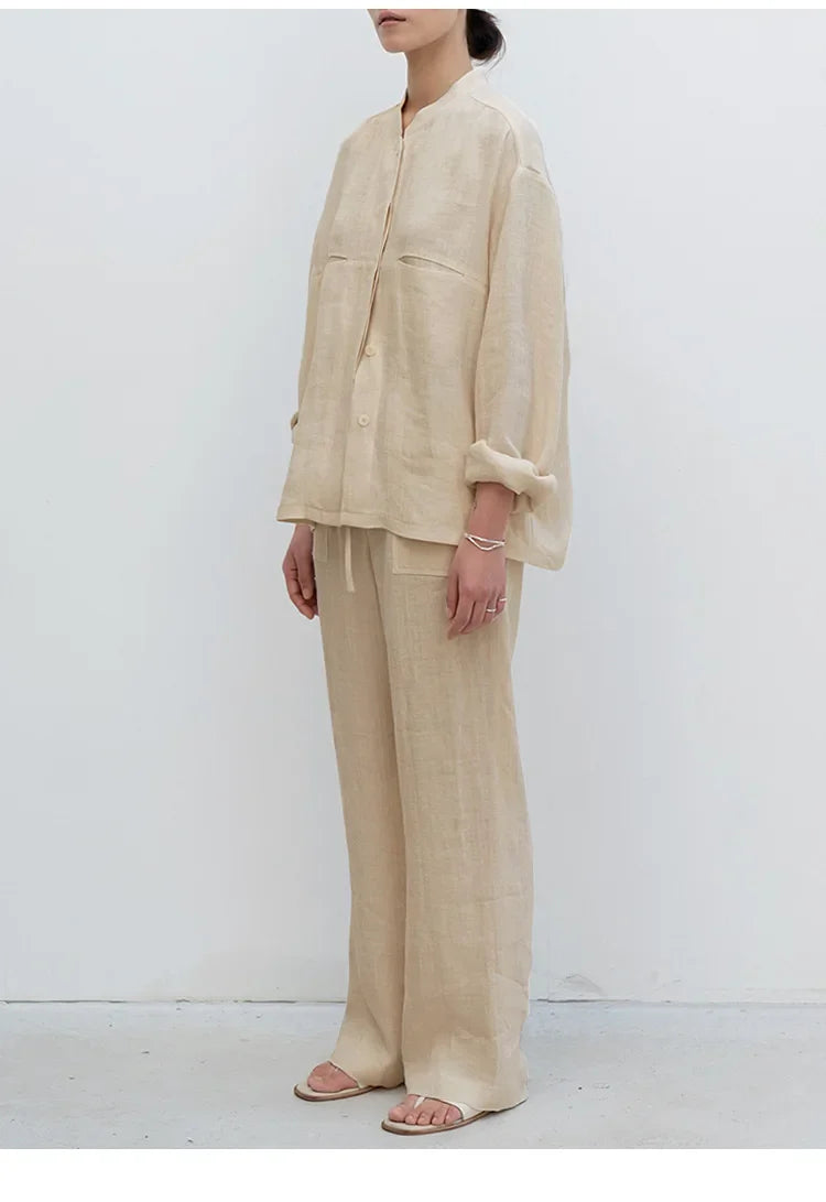 Pantalones de Lino para Mujer con Cordón Ajustable y Bolsillos de Parche