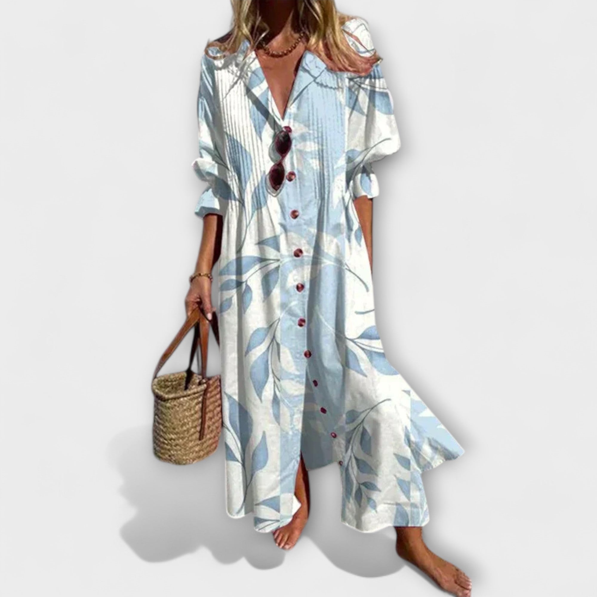 Vestido Camisero Largo para Mujer con Estampado de Hojas y Manga Abullonada