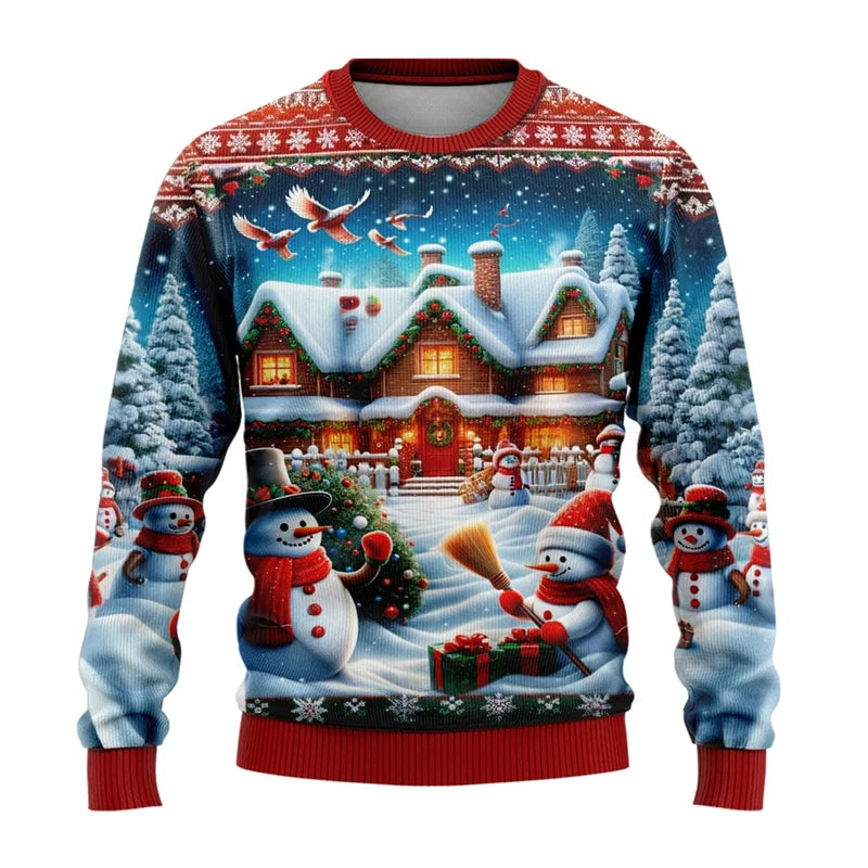 Sudadera Unisex de Cuello Redondo con Estampado 3D de Muñeco de Nieve y Personaje