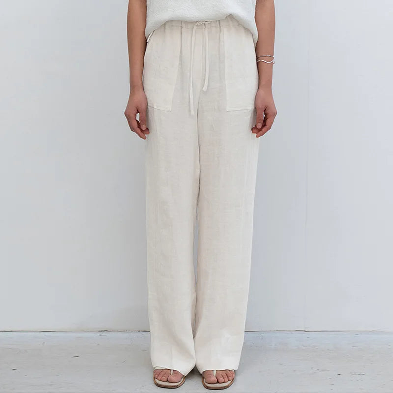 Pantalones de Lino para Mujer con Cordón Ajustable y Bolsillos de Parche